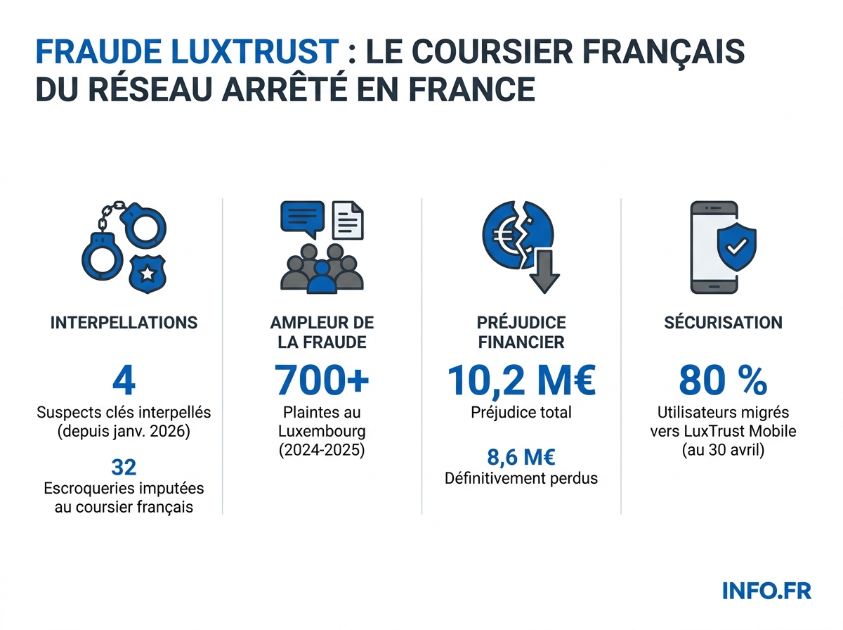 Bilan chiffré du réseau de fraude LuxTrust démantelé entre janvier et avril 2026 par les autorités judiciaires luxembourgeoises.