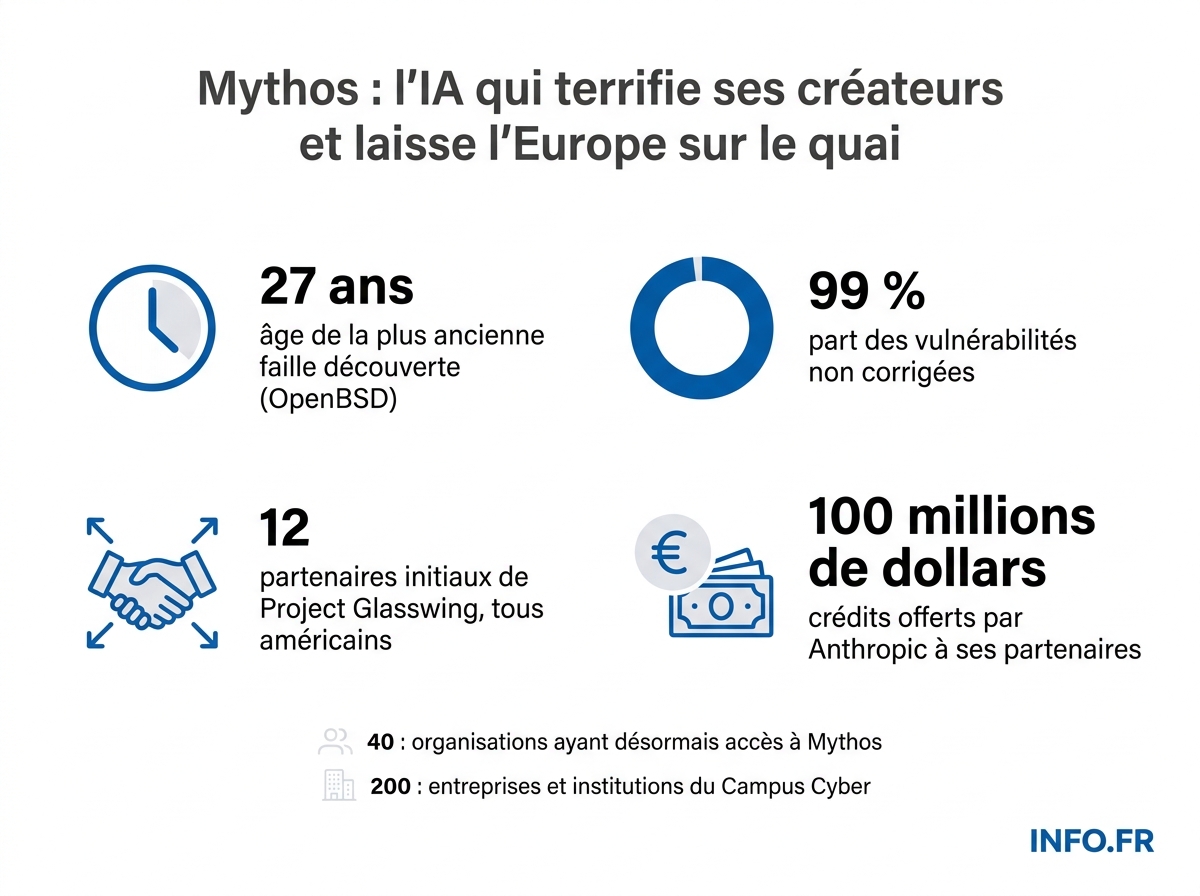 Chiffres clés du modèle Mythos d'Anthropic et de l'alerte du Campus Cyber, mai 2026.