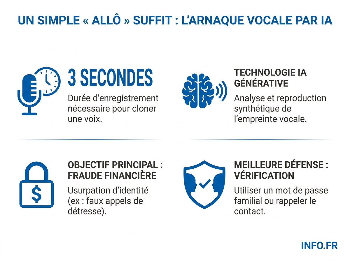 Infographie sur l'explosion des arnaques par clonage vocal IA en France en 2025 selon Cybermalveillance.gouv.fr et McAfee.