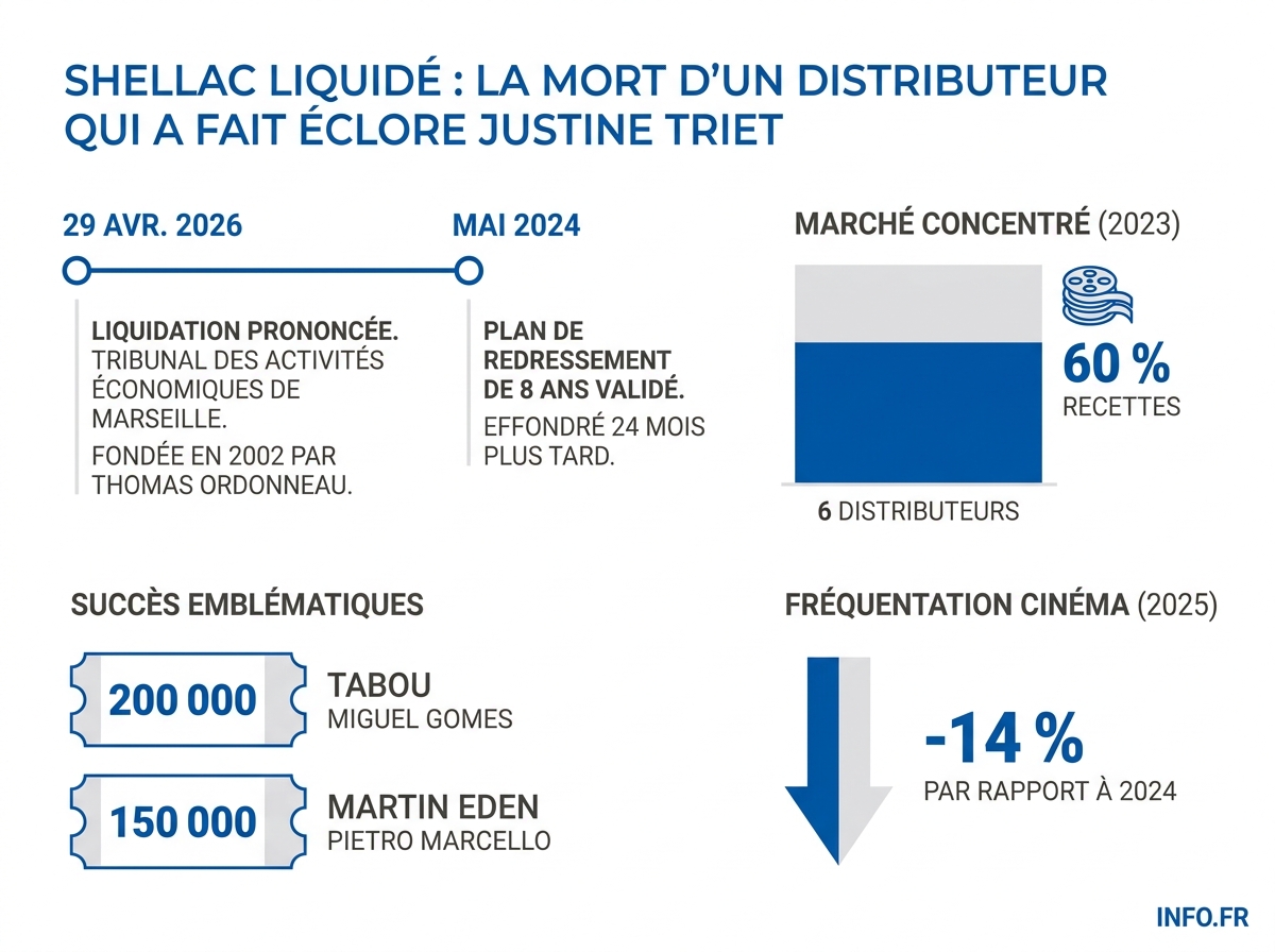 Données chiffrées sur la liquidation de Shellac Distribution et la concentration du marché de la distribution cinématographique en France.