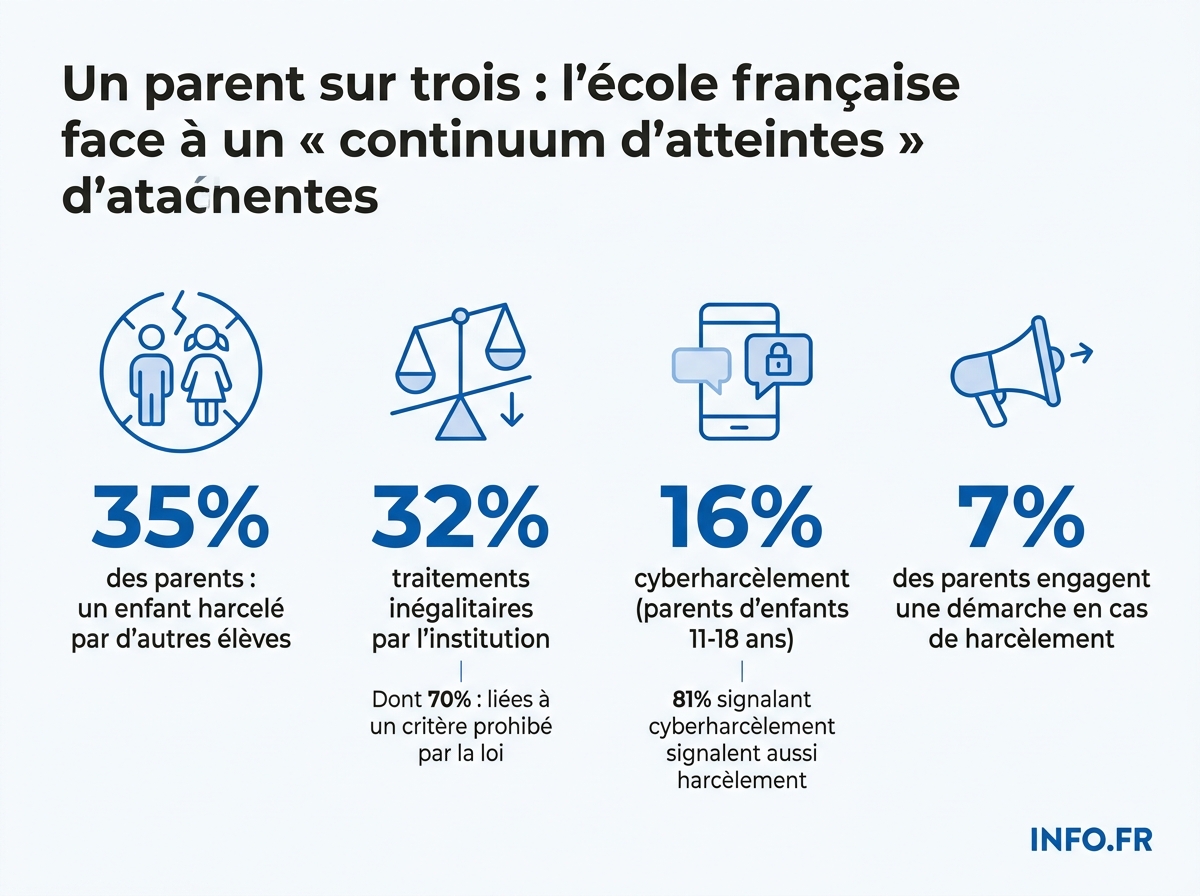 Les chiffres clés du rapport du Défenseur des droits sur le harcèlement et les discriminations en milieu scolaire, mai 2026.