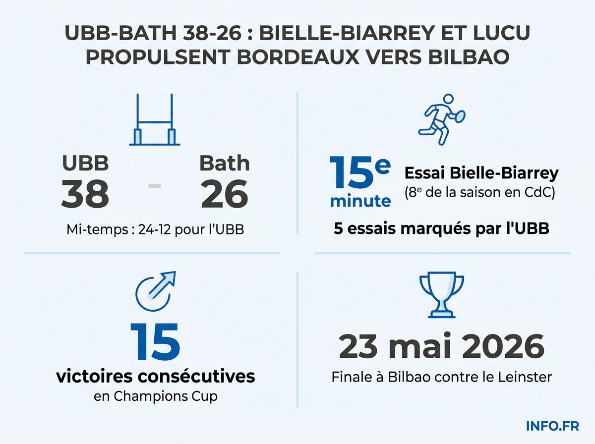 Statistiques de la demi-finale Champions Cup UBB-Bath 38-26 et données clés du parcours européen bordelais.