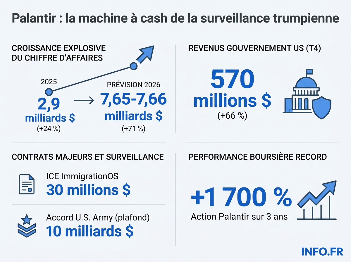 Croissance financière de Palantir Technologies entre 2025 et 2026, ventilée par segment gouvernemental et commercial.