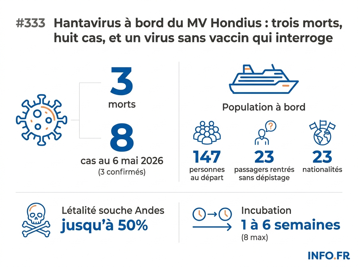 Bilan du foyer d'hantavirus à bord du navire de croisière MV Hondius au 6 mai 2026 selon l'OMS.