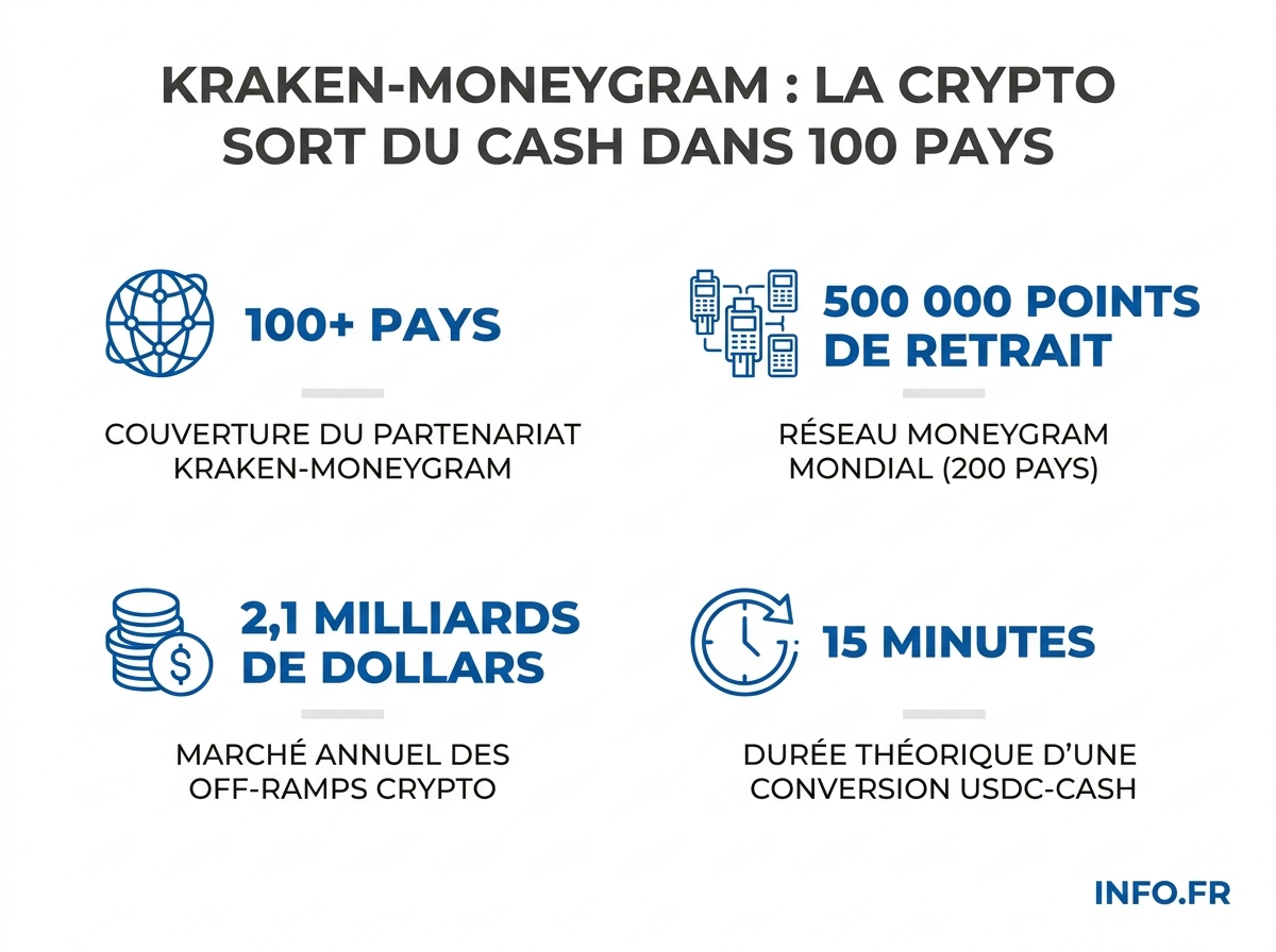 Infographie comparant la portee du partenariat Kraken-MoneyGram et l'etat du marche crypto francais en 2026.