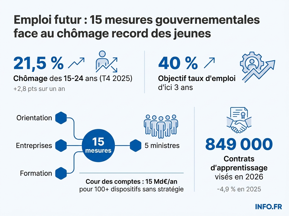 Infographie: les chiffres clés du plan Emploi futur face au chômage record des jeunes en France au T4 2025.