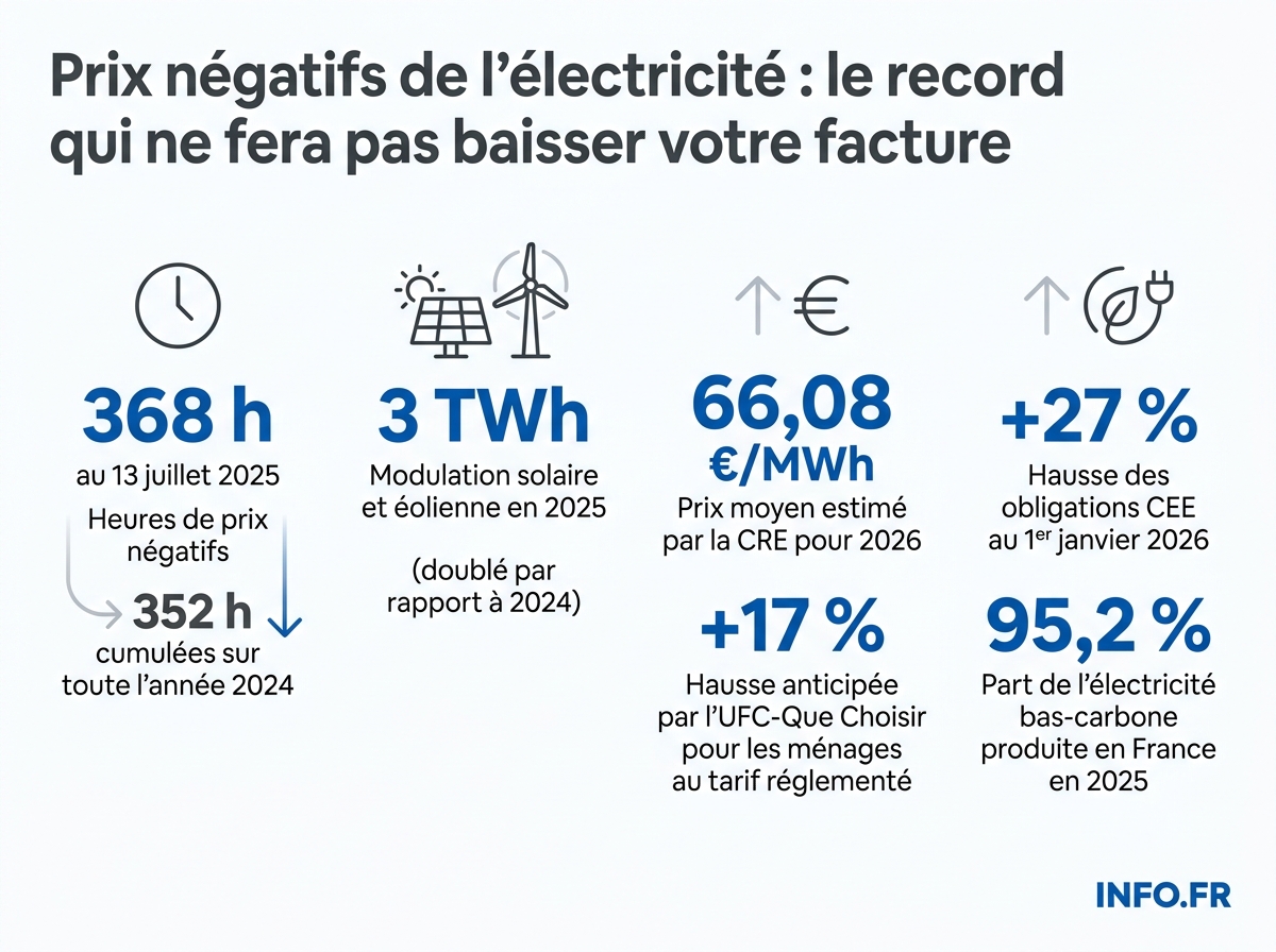 Évolution des prix négatifs et impact sur la facture des ménages français entre 2024 et 2026.