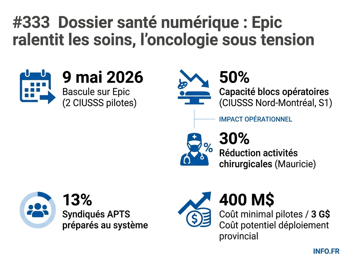 Données chiffrées du déploiement du Dossier santé numérique au Québec en mai 2026, avec la baisse de capacité chirurgicale, le niveau de préparation du personnel APTS et la trajectoire budgétaire.