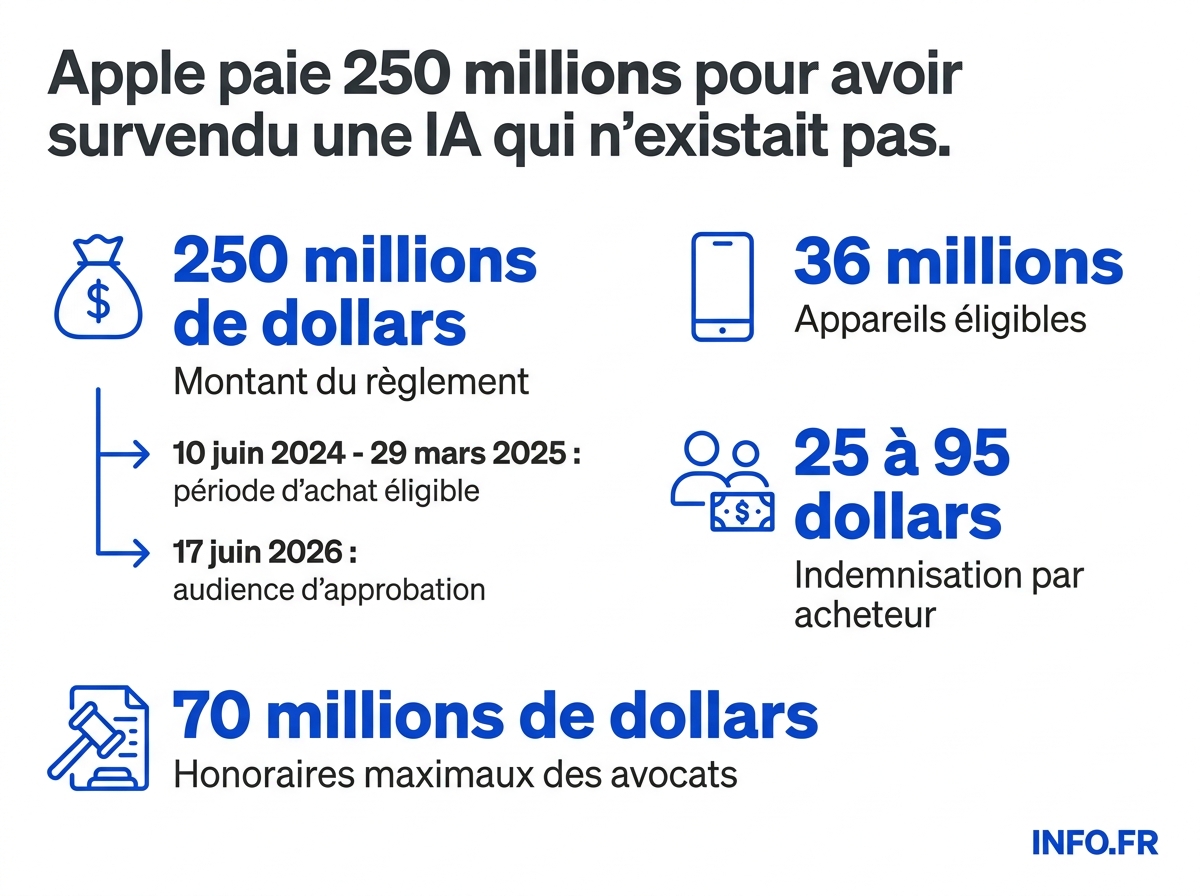 Infographie récapitulant les chiffres clés du règlement de 250 millions de dollars accepté par Apple dans l'affaire des fonctions IA non livrées de Siri.