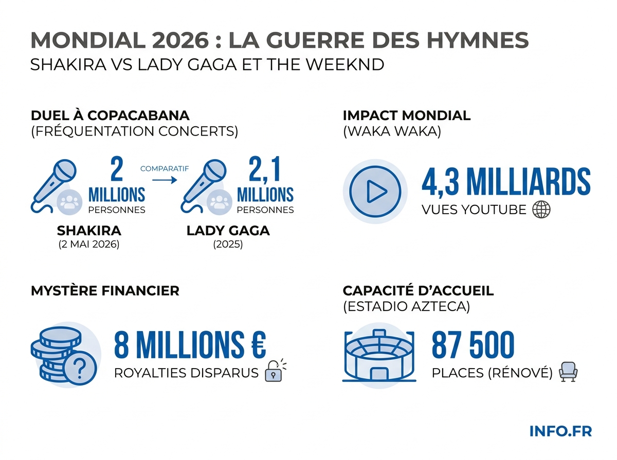 Comparatif des chiffres clés autour des prétendantes à l'hymne du Mondial 2026 et du précédent Waka Waka.
