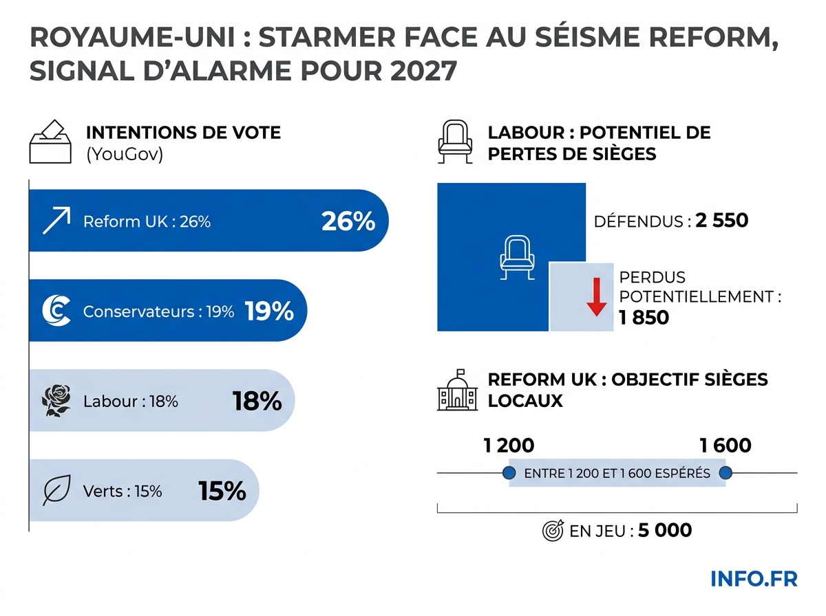 Intentions de vote nationales et projections de sièges aux élections locales britanniques du 7 mai 2026.