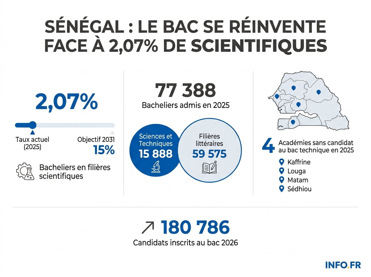 Répartition des bacheliers sénégalais par filière en 2025 et objectifs de la réforme STEM à horizon 2031.