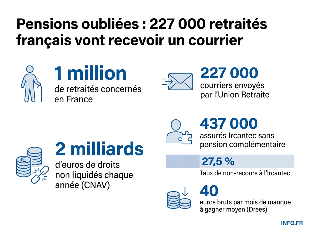 Chiffres clés du non-recours aux droits de retraite en France: un million de personnes concernées, 2 milliards d'euros non versés chaque année.