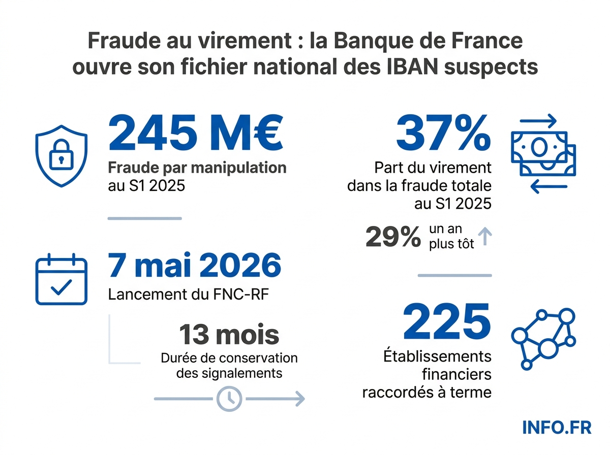 Chiffres clés du Fichier national des comptes signalés pour risque de fraude (FNC-RF) lancé par la Banque de France le 7 mai 2026.