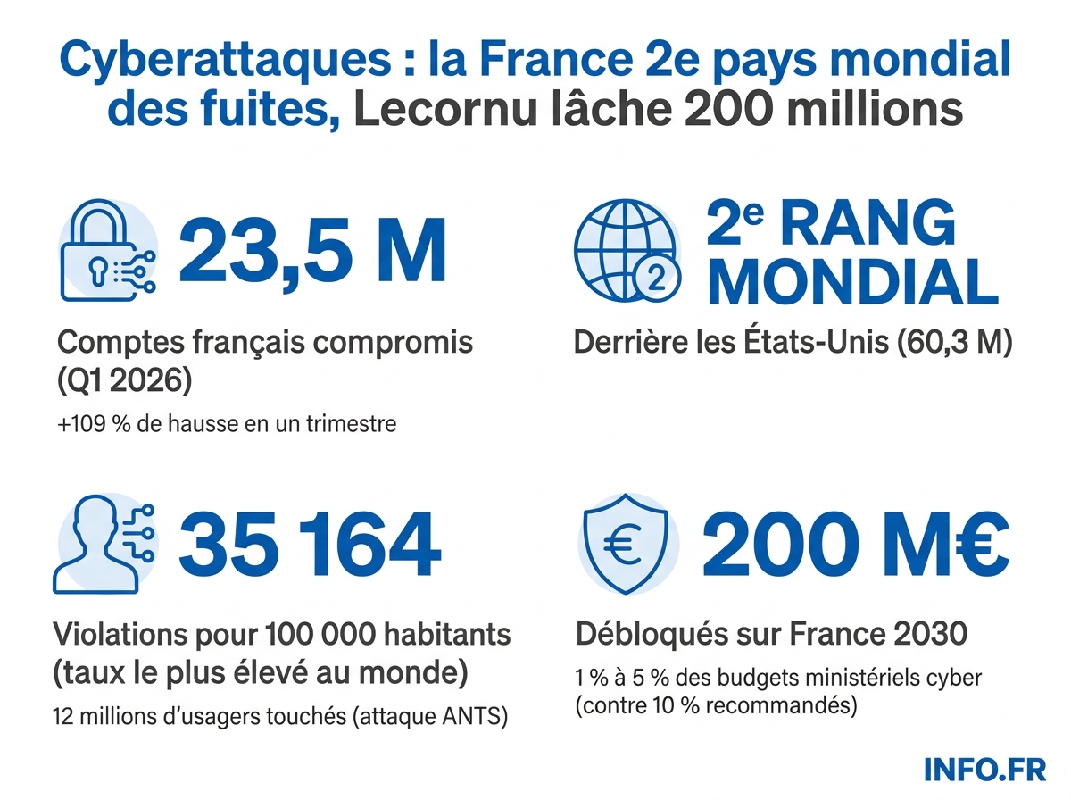Données chiffrées sur les fuites de données en France au premier trimestre 2026 et le plan cybersécurité Lecornu.