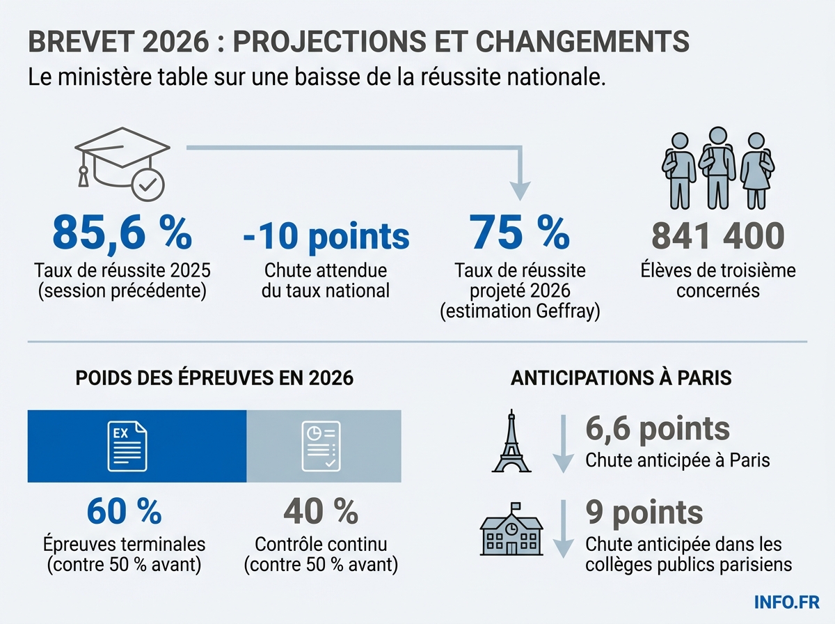 Évolution du brevet 2026: taux de réussite projeté à 75 % et bascule de la pondération entre contrôle continu et épreuves terminales.