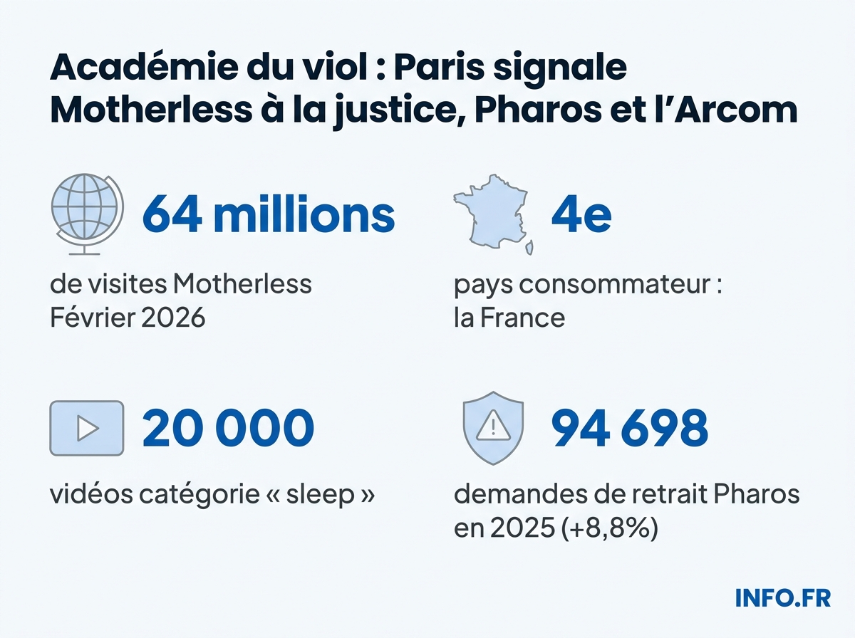 Données chiffrées sur le site Motherless et les signalements gouvernementaux français contre les contenus de viols sous soumission chimique en 2026.
