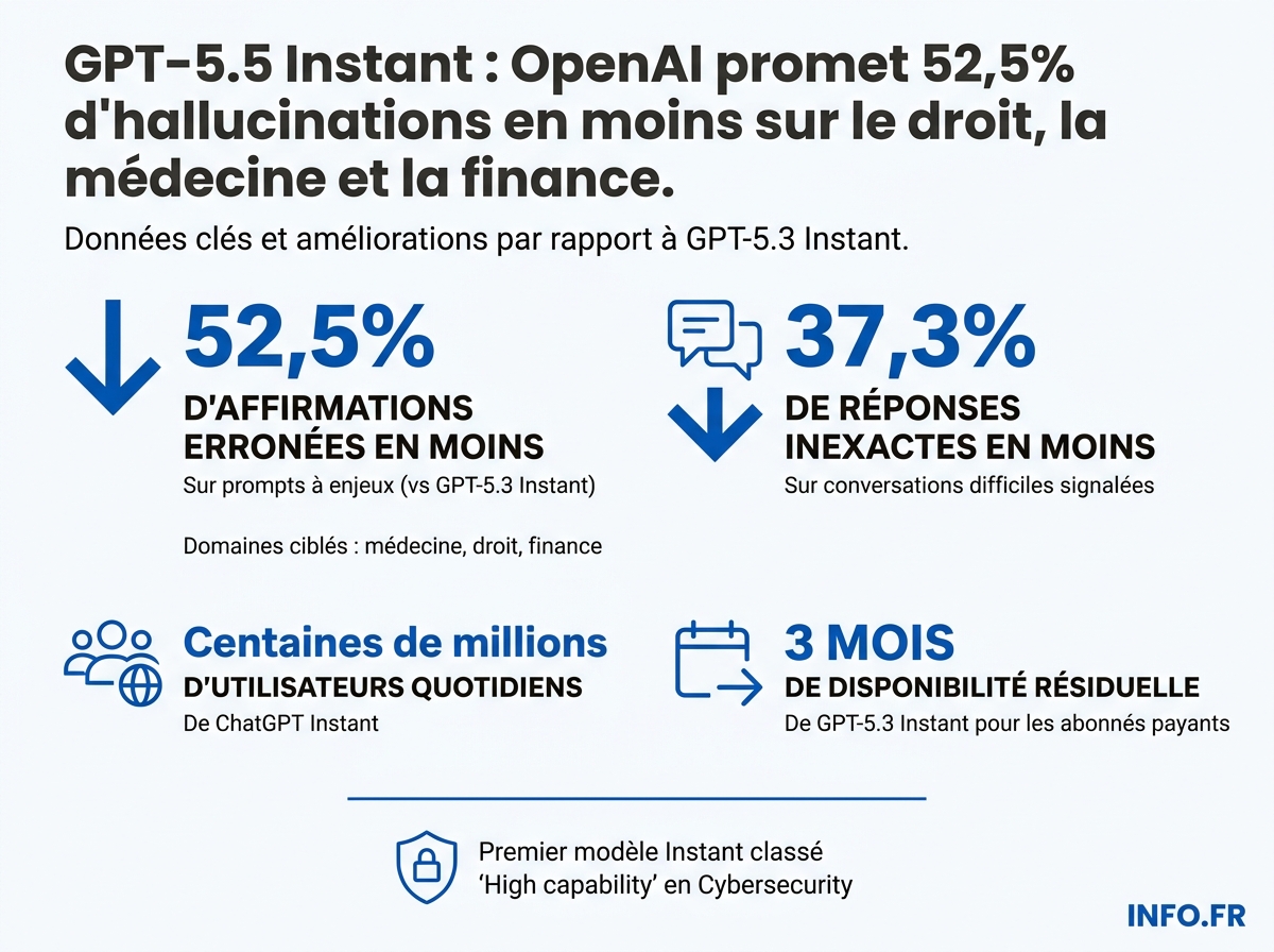 Principaux chiffres du déploiement de GPT-5.5 Instant comme modèle par défaut de ChatGPT en mai 2026.