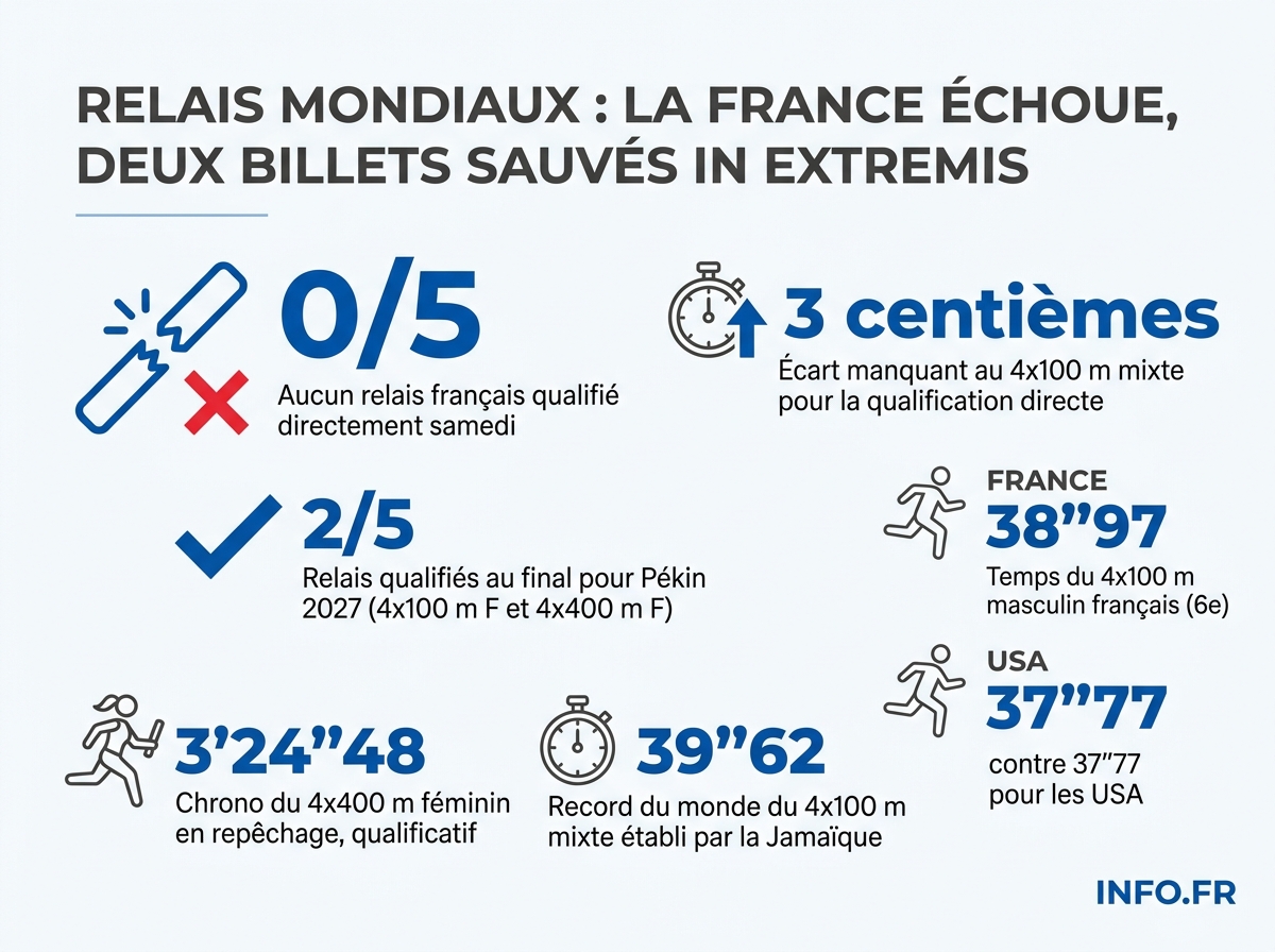 Bilan chiffré de la délégation française aux Relais mondiaux de Gaborone, avec deux qualifications féminines sur cinq engagements.