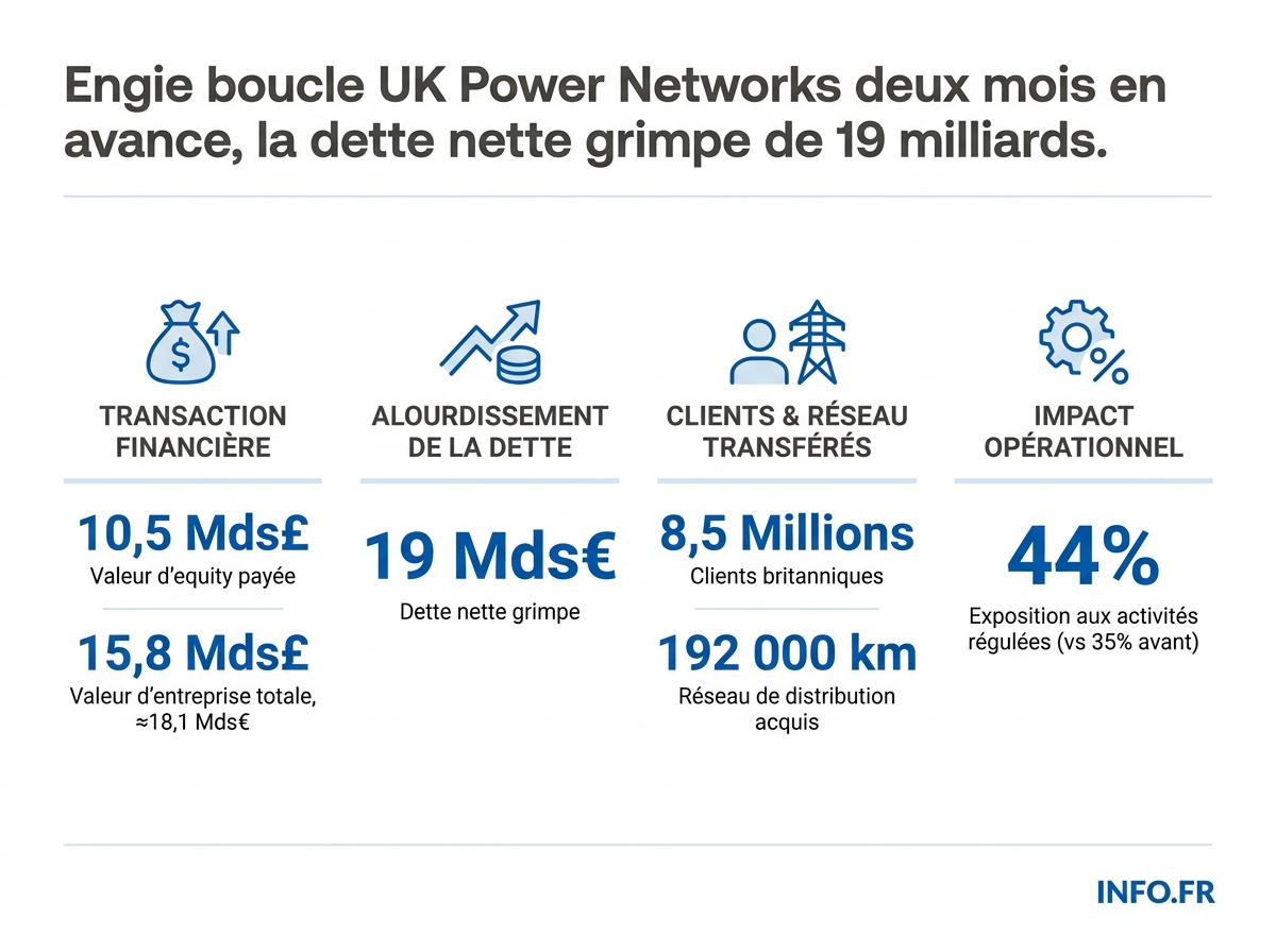 Infographie présentant les chiffres clés de l'acquisition d'UK Power Networks par Engie: prix, dette, clients et impact stratégique.