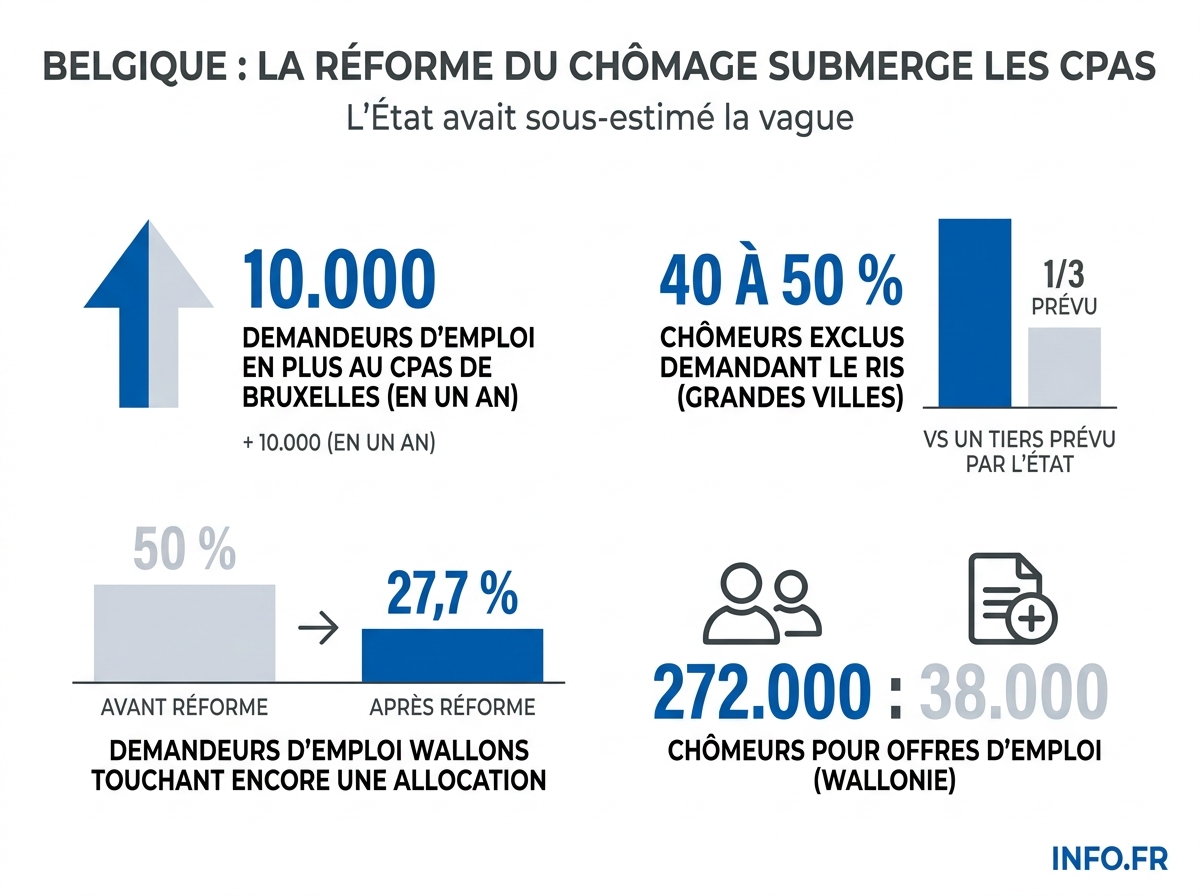 Infographie sur les chiffres-clés de la réforme du chômage en Belgique et son impact sur les CPAS en 2026.