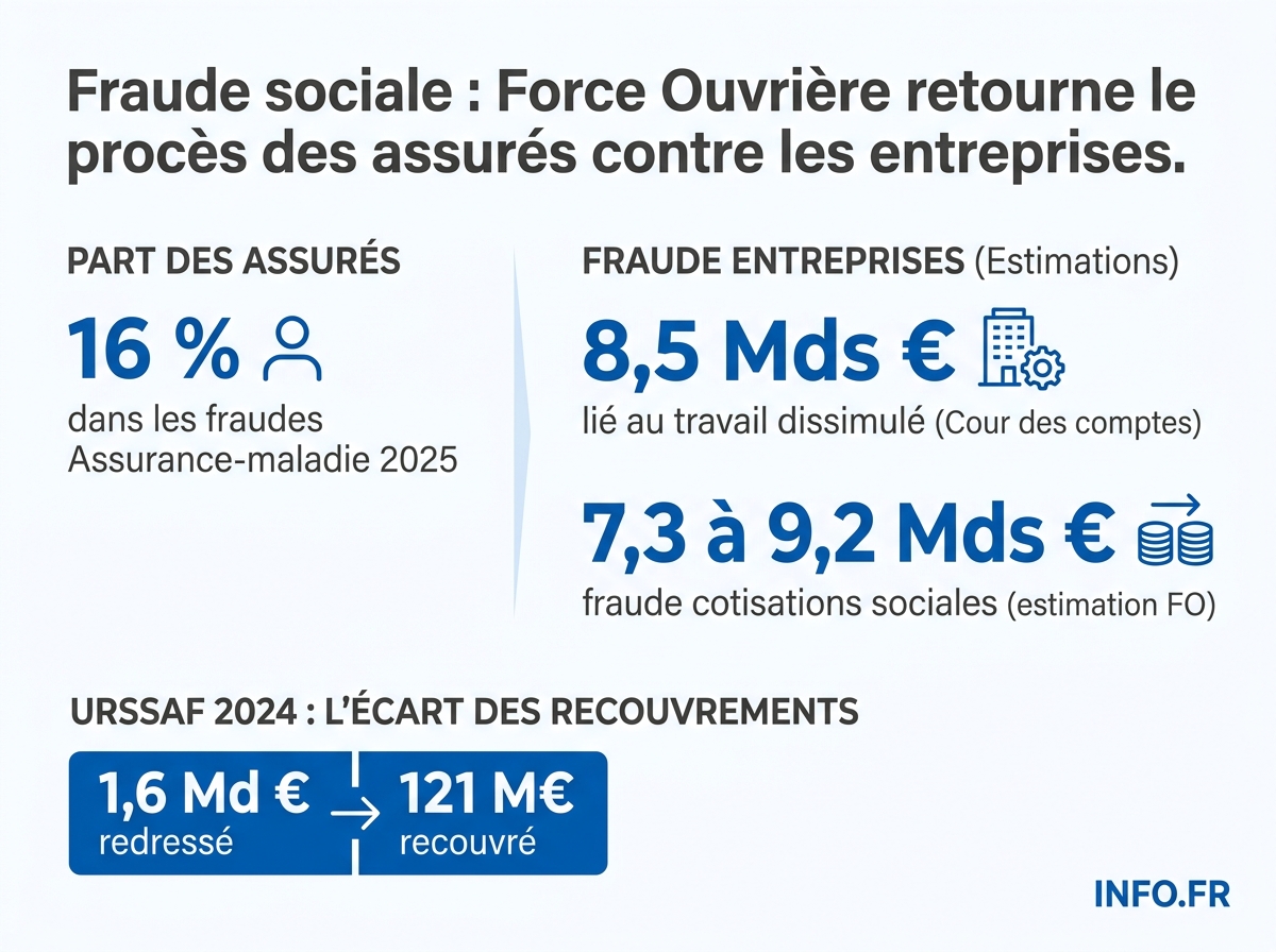 Comparatif chiffré entre la fraude des assurés et celle des entreprises selon Force Ouvrière, la Cour des comptes et le HCFiPS.