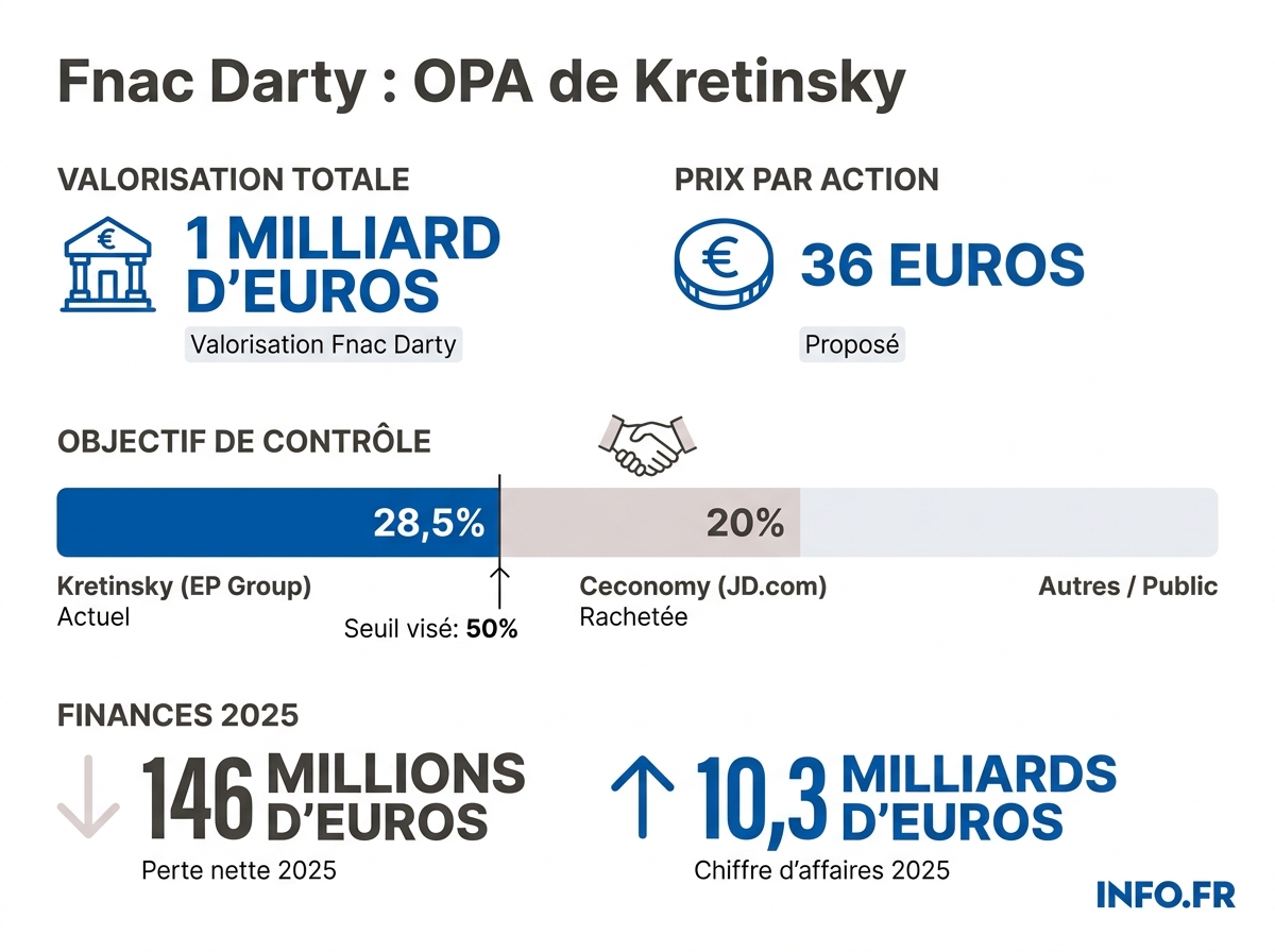 Répartition du capital de Fnac Darty et structure financière de l'OPA de Daniel Kretinsky validée par l'AMF.
