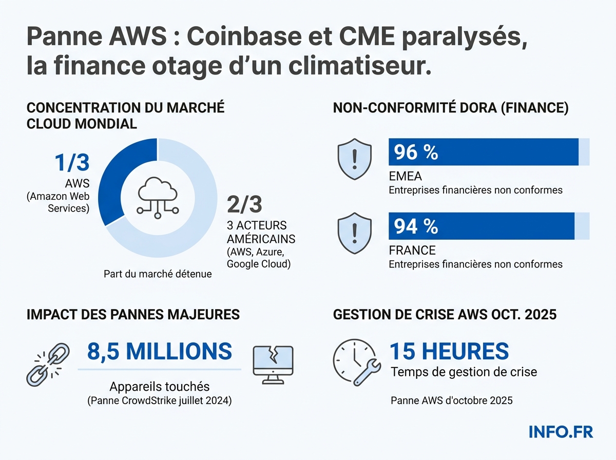 Concentration du marché du cloud et niveau de conformité au règlement européen DORA dans le secteur financier en 2026.