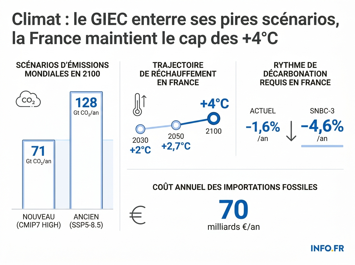 Comparaison entre les scénarios climatiques CMIP6 et CMIP7 et la trajectoire de réchauffement de référence inscrite dans le droit français.