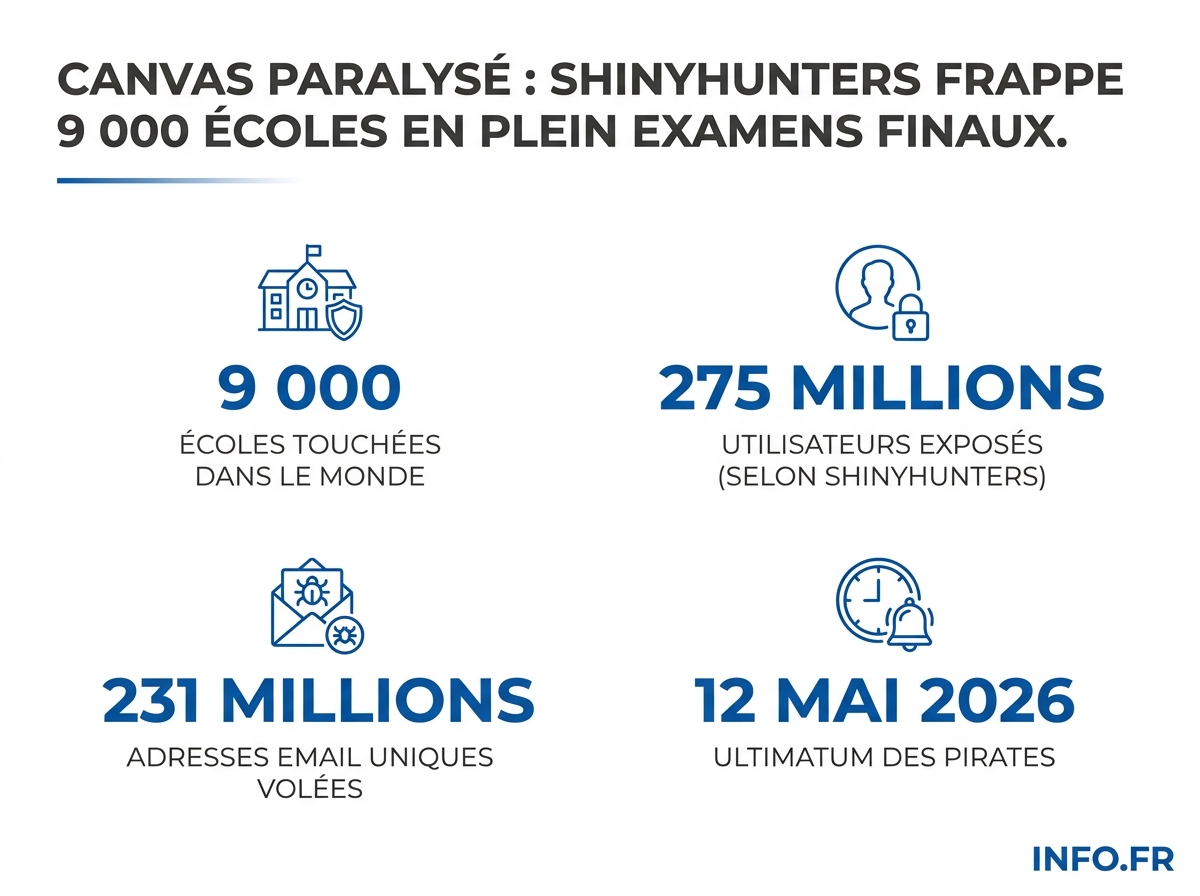 Cyberattaque Canvas mai 2026: 275 millions d'utilisateurs et 9 000 écoles potentiellement exposés.