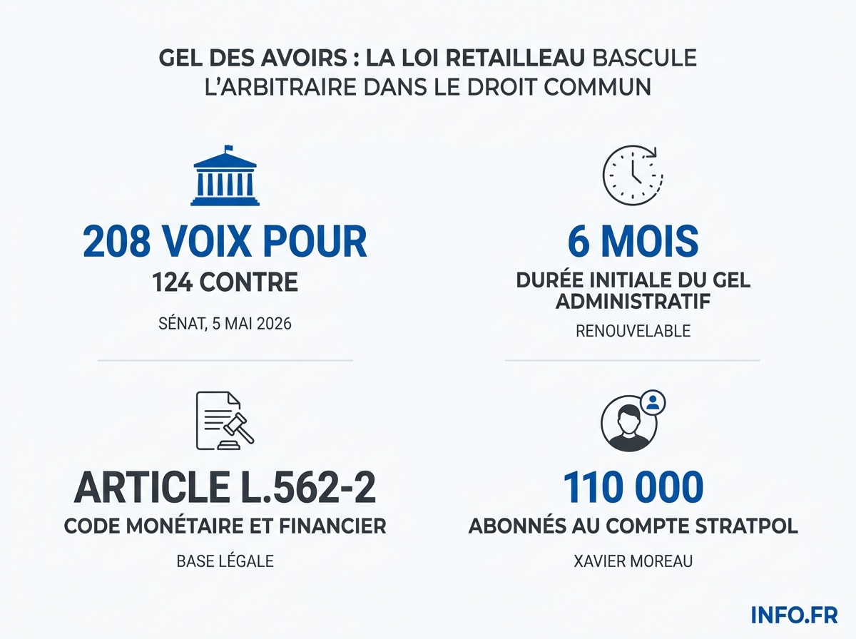 Chronologie du gel administratif des avoirs en France et de son extension par la loi Retailleau adoptée au Sénat le 5 mai 2026.