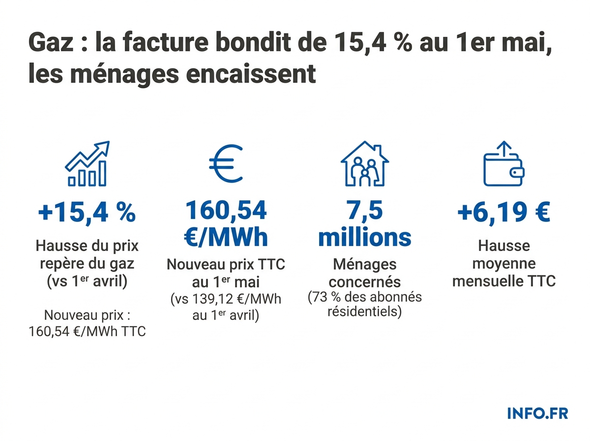 Infographie sur la hausse du prix repère du gaz au 1er mai 2026: +15,4 % pour 7,5 millions de foyers, soit 6,19 euros supplémentaires en moyenne par mois et environ 74 € sur l'année.