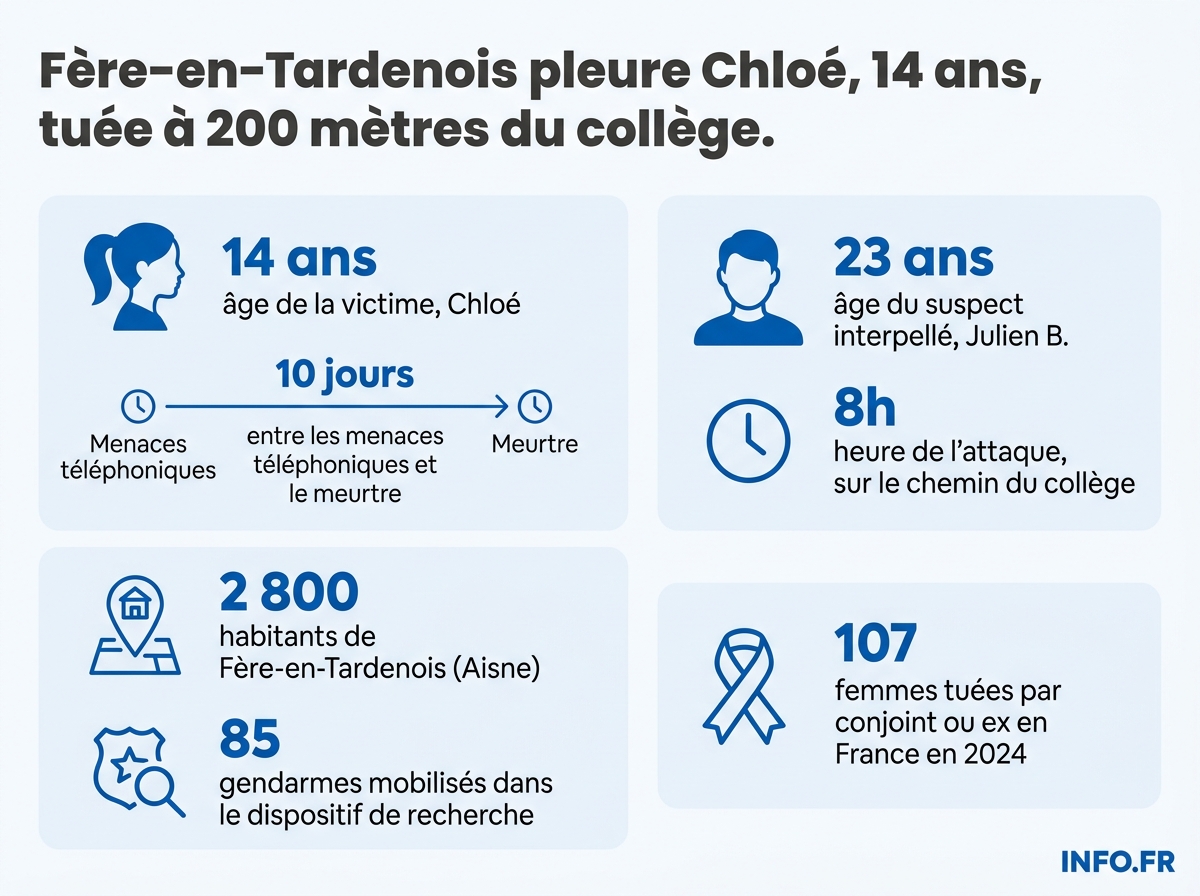 Les chiffres-clés du meurtre de Chloé, 14 ans, à Fère-en-Tardenois dans l'Aisne, le 6 mai 2026.