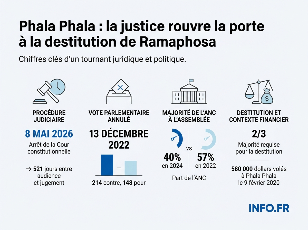 Chronologie et chiffres clés de l'affaire Phala Phala et de la procédure de destitution de Cyril Ramaphosa.