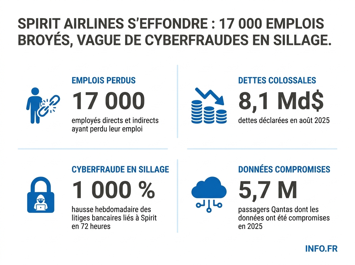 Infographie chiffrée: impact financier, social et cyber de la faillite de Spirit Airlines en mai 2026.