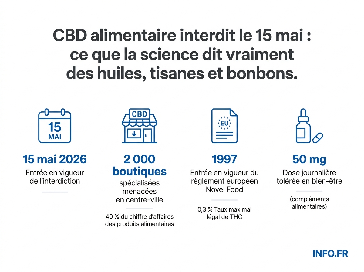 Les chiffres clés de l'interdiction du CBD alimentaire en France au 15 mai 2026.