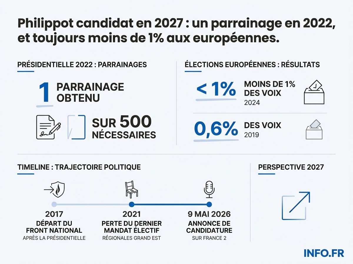 Bilan électoral de Florian Philippot avant sa candidature à la présidentielle 2027: un parrainage en 2022, moins de 1% aux européennes 2024.