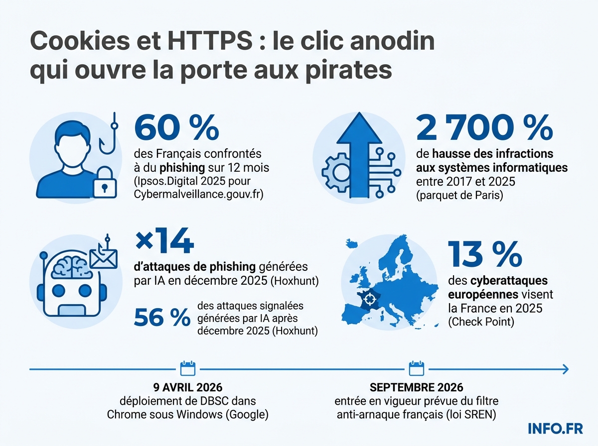 Infographie sur la hausse du phishing et du vol de cookies en France et en Europe en 2025-2026, sources Cybermalveillance.gouv.fr, Hoxhunt, Check Point.
