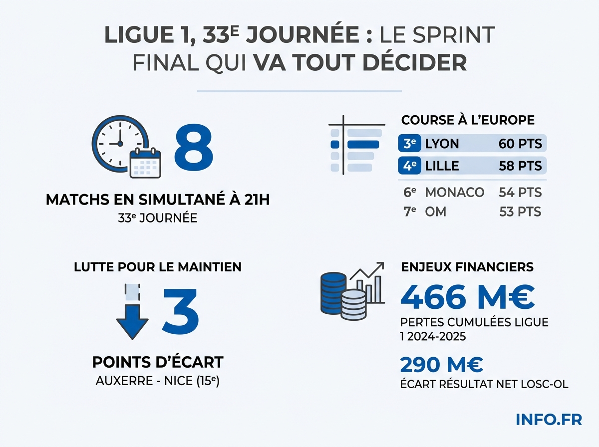 Classement et enjeux financiers de la 33e journée de Ligue 1 2025-2026.