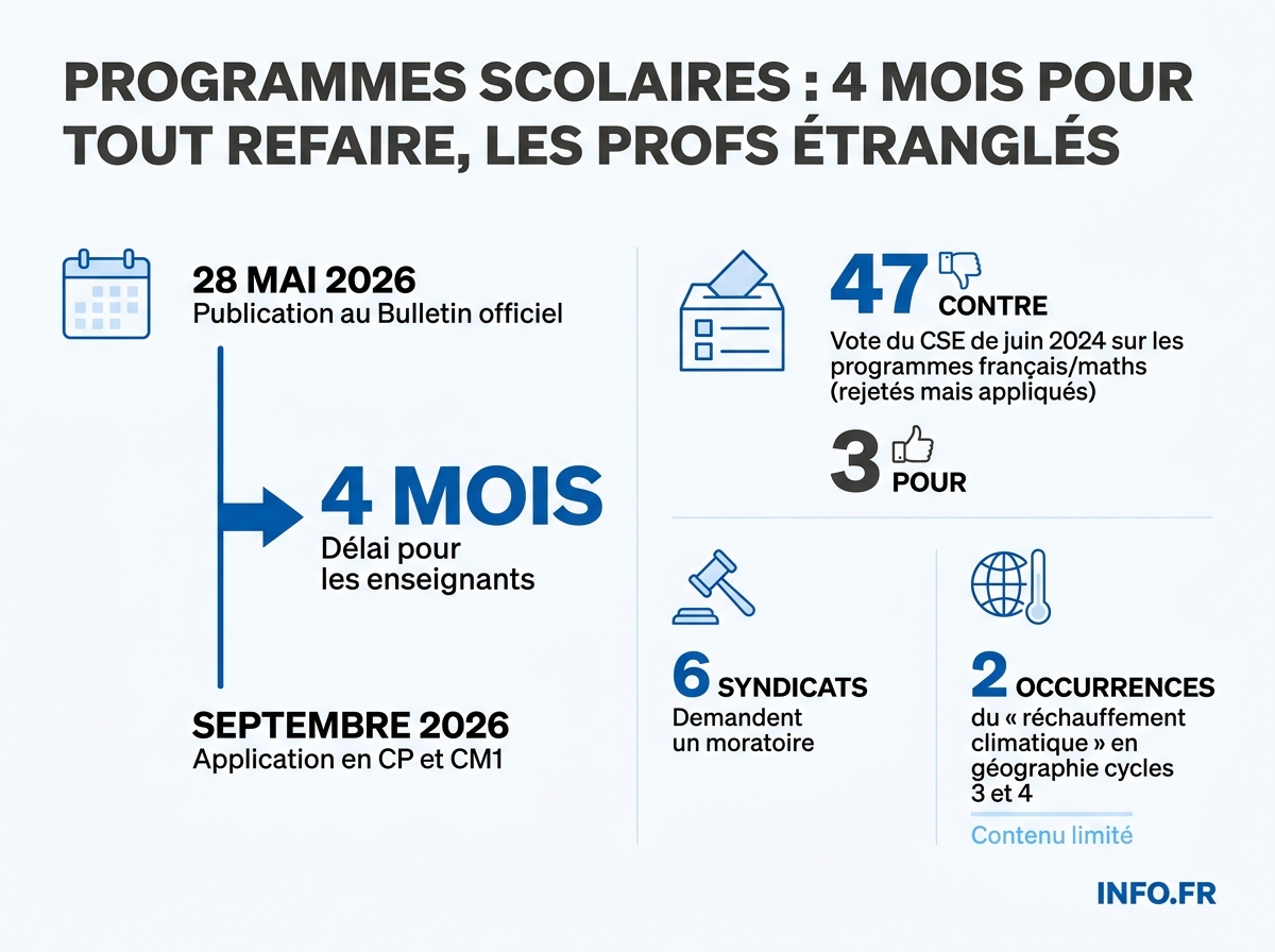 Calendrier des nouveaux programmes scolaires d'histoire-géographie et d'EPS pour les cycles 2 et 3 et chronologie des votes du Conseil supérieur de l'éducation.