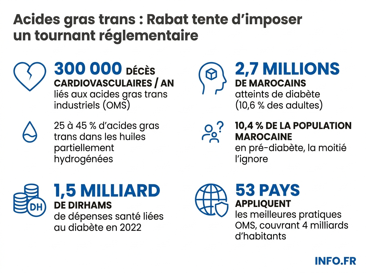 Les chiffres clés du colloque Diabetes Morocco 2026 sur les acides gras trans et le diabète au Maroc.