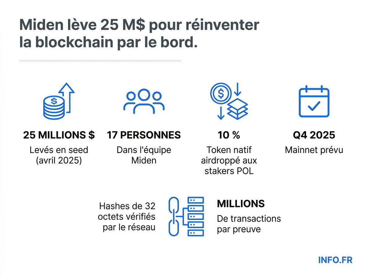 Les chiffres-clés du spin-off de Miden en avril 2025: 25 M$ levés, équipe de 17 personnes, troisième sortie de l' Polygon dont la TVL a fondu de 80 %.