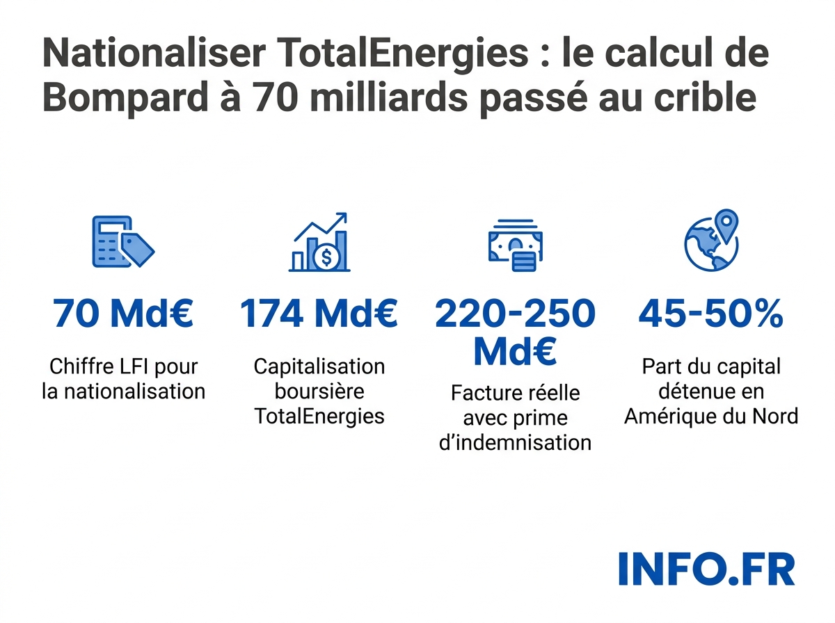 Comparaison entre le coût annoncé par LFI pour nationaliser TotalEnergies et la facture réelle calculée à partir du droit boursier français.