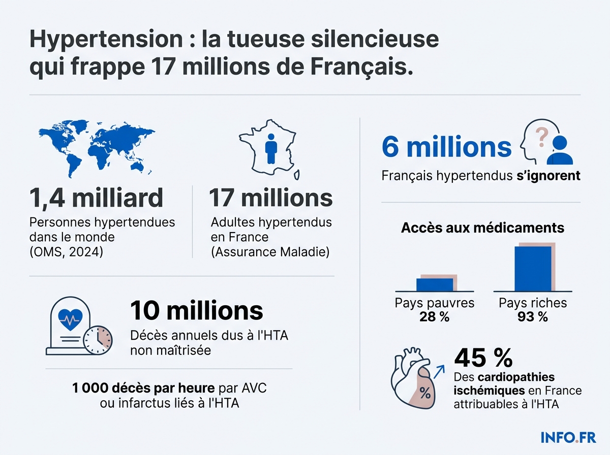 Infographie sur l'hypertension artérielle dans le monde et en France à l'occasion de la Journée mondiale du 17 mai 2026.