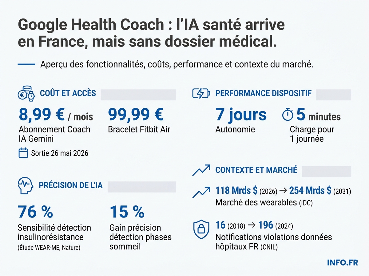 Tarifs, performances et marché du nouveau Google Health Coach lancé le 19 mai 2026.
