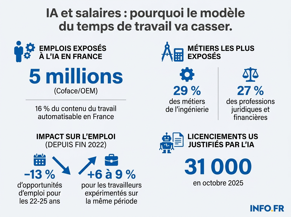 Cartographie de l'exposition des emplois français à l'IA: 16 % du travail automatisable, jusqu'à 5 millions de postes concernés, les cols blancs qualifiés en première ligne.