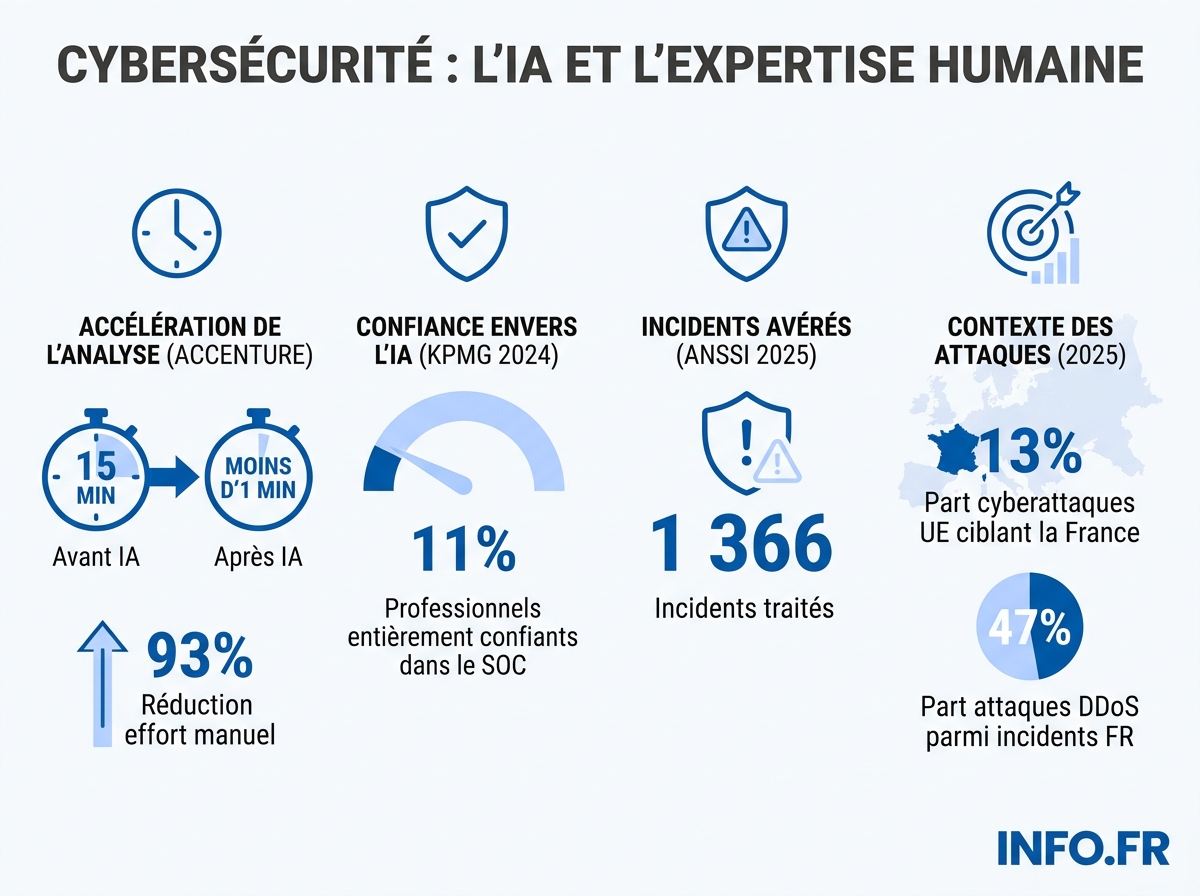 Infographie comparant les gains de productivité de l'IA en cybersécurité et le niveau de confiance des professionnels, dans le contexte de la pression cyber sur la France en 2025.