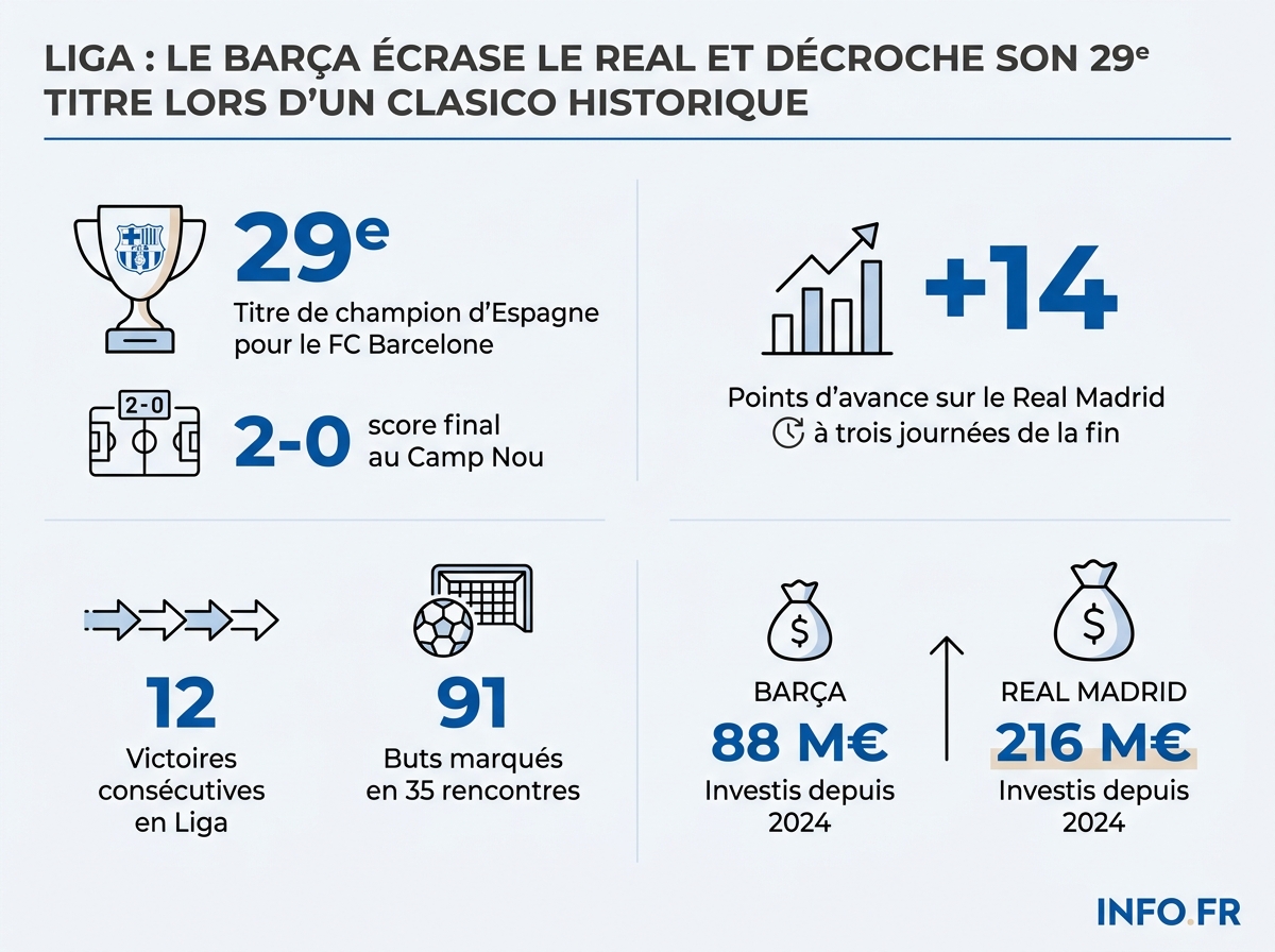 Infographie présentant les chiffres clés du sacre du FC Barcelone en Liga 2025-2026 face au Real Madrid.