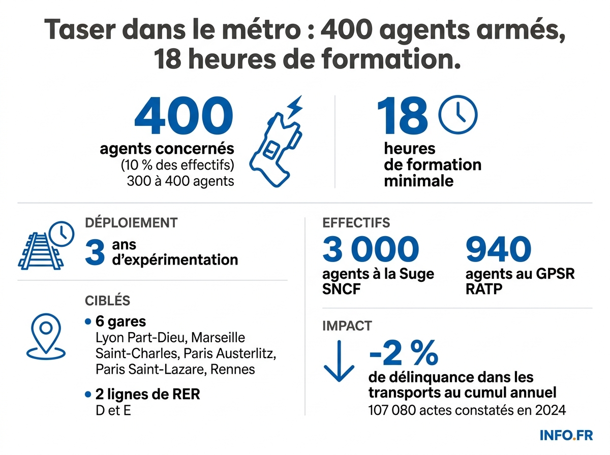 Données chiffrées de l'expérimentation du Taser pour les agents de sûreté SNCF et RATP en France.