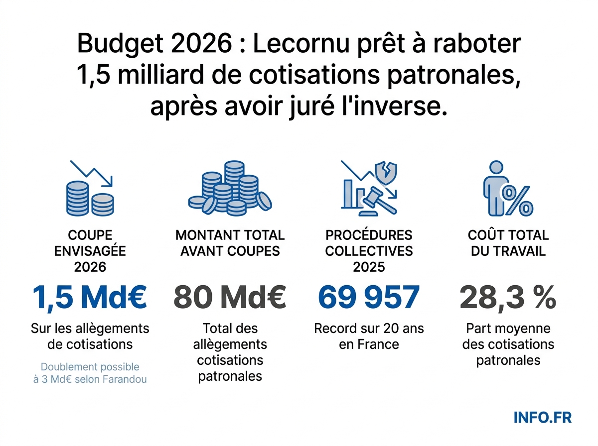 Les chiffres-clés du projet de coupe dans les allègements de cotisations patronales pour le budget 2026.